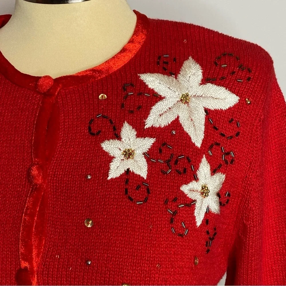 Mercer Street Studio Red Poinsettias Cardigan Sweater